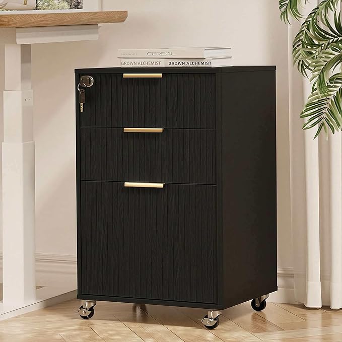 INNOD 3 Drawer Fluted Mobile File Cabinet with Lock, Rolling File Cabinet, Under Desk Wooden Filing Cabinets for Home Office (Black)