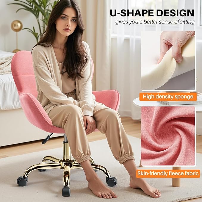 Vanity Chair with Wheels, Cute Home Office Desk Chairs Adjustable Height for Living Bedroom, Small Modern Fluffy Velvet Makeup Chair with Back for Girls (Pink)