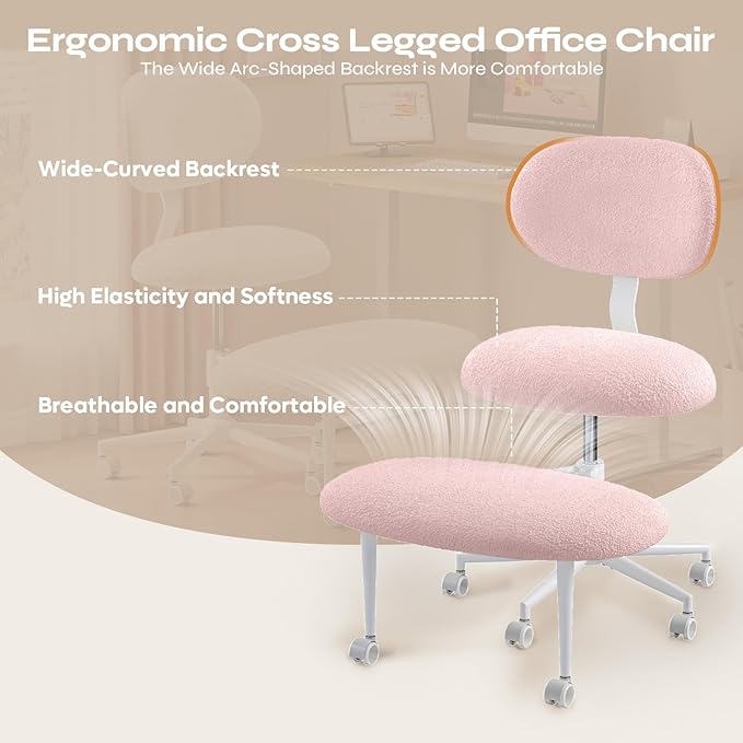 Pinmoco Ergonomic Cross Legged Office Chair with Wheels, ADHD Chair for Adults, Meditation Chair, Yoga Office Chair, Comfortable Back Support, Height Adjustable,Small Spaces, Teddy Fabric, Pink