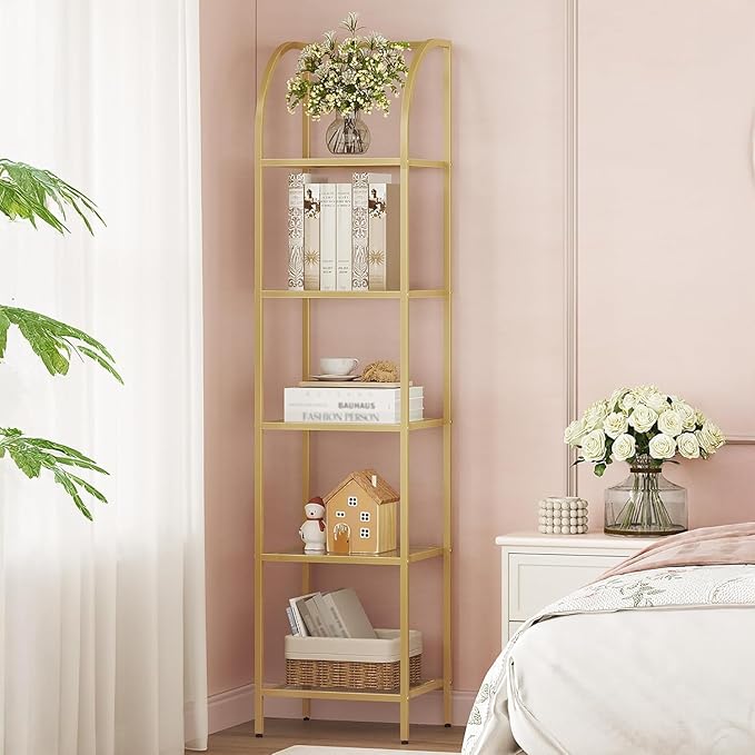 Hzuaneri Bookcase Bookshelf, Tempered Glass Arched Bookshelf for More Storage, Slim Shelving Unit for Bedroom, Bathroom, Home Office, Steel Frame, 5 Tier Gold BC20599G