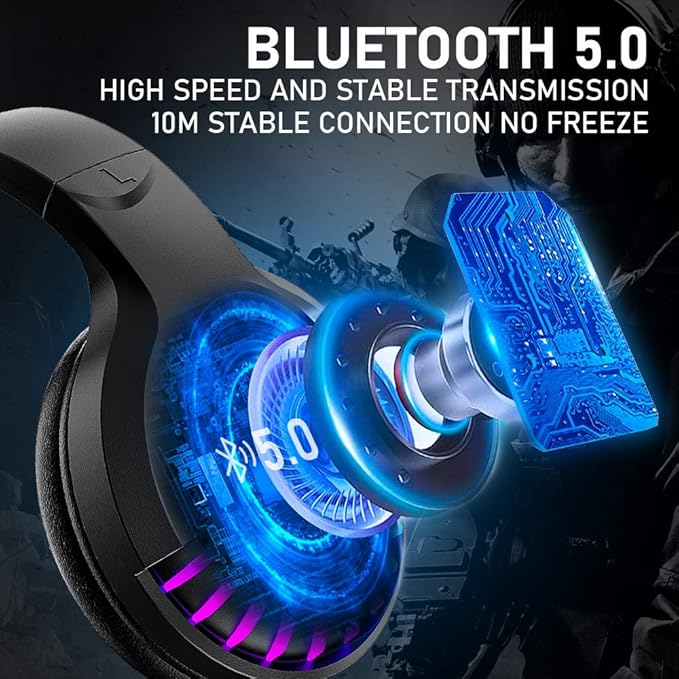 Wireless Bluetooth Headphone with Noise Cancellation HiFi Stereo Sound Mic Deep Bass Protein Earpad Rainbow RGB Backlight Rechageable Over Ear Headset for PC Mac Game Travel Class Home Office(Black)