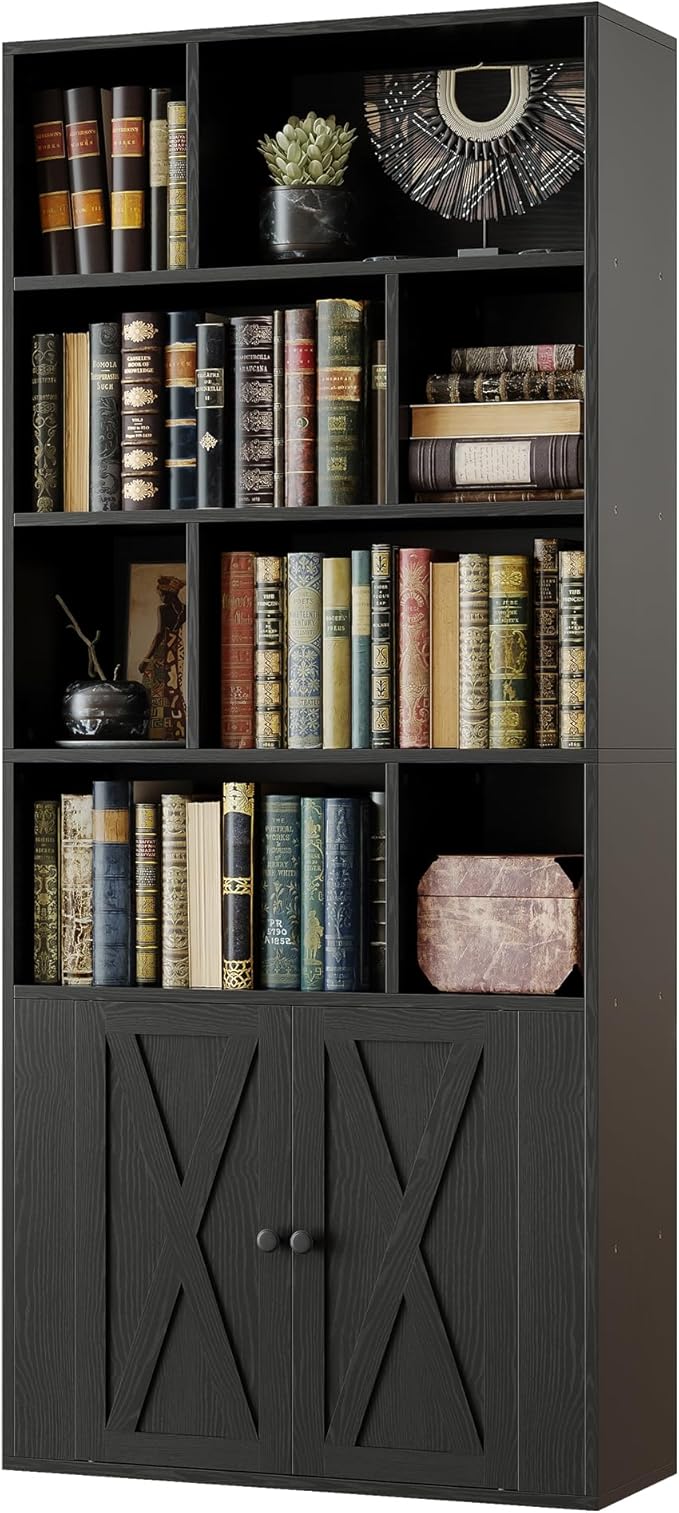 IRONCK Book Shelf, Tall Bookshelf with Storage, Bookshelves and Bookcases with Doors, 4-Tier Bookcase with 8 Open Cubes for Living Room, Office, Study, Black