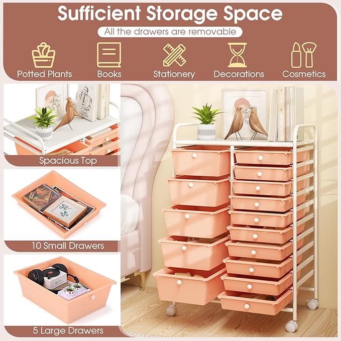 Moccha 15-Drawer Rolling Storage Cart - Under Desk Storage Drawers with wheels for Craft Art Supply Paper Salon, Scrapbook Paper Tools, Mobile Utility Cart for Classroom (15 Drawers, Peach)