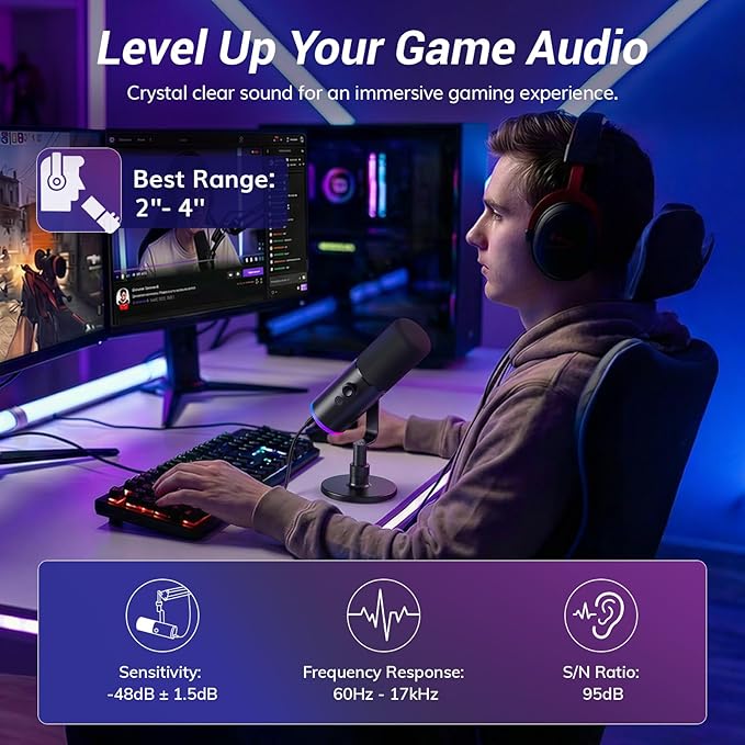 TONOR Dynamic Gaming Microphone, XLR/USB Mic Streaming, AI Noise Cancellation, Controlable RGB, Tap Mute, 3.5mm Headphone Jack, Volume Control, Microfono with Desktop Stand, Black, TD510 AIR S