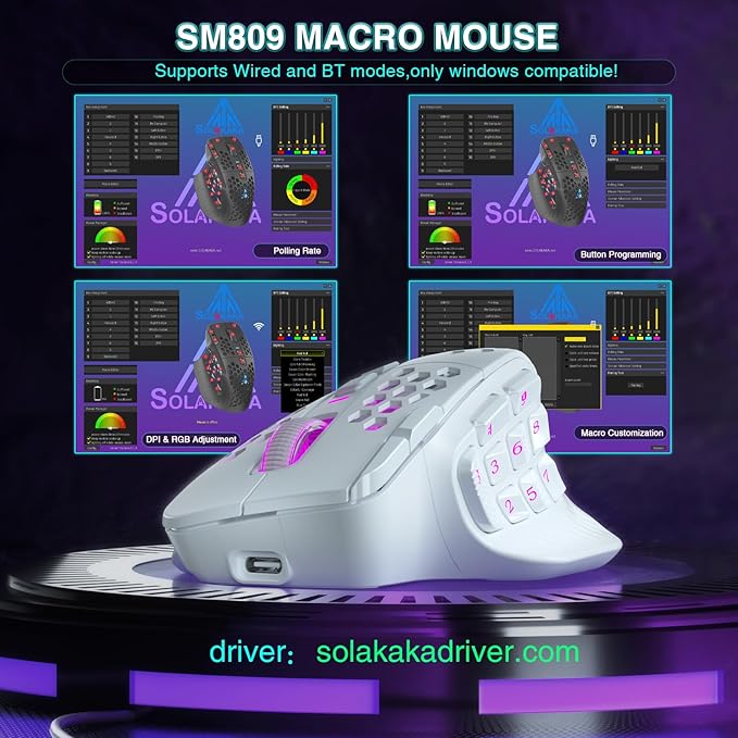SOLAKAKA SM809 Pro Gaming Mouse with 9 Side Buttons,24000 DPI RGB Mouse for Gamer,16 Programmable Macros MMO Mouse,White