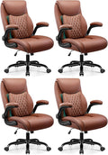 BESTFAIR Office Chair, Ergonomic Computer Desk Chairs with Lumbar Support for Lower Back Pain Relief, Executive Leather Home Chair Comfy with Padded Flip-up Armrests, Brown, 4-Pack
