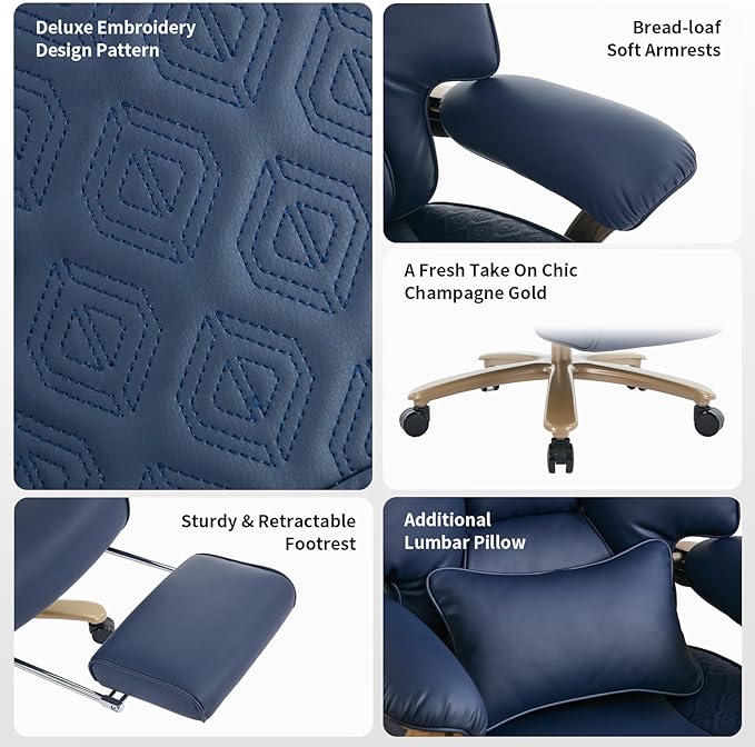 EXCEBET Big and Tall Executive Office Chair with Footrest, 400LBS Capacity Ergonomic High-Back Desk Office Chair with Lumbar Support, Padded Armrests & Thick Cushion, Blue PU Leather Chairs