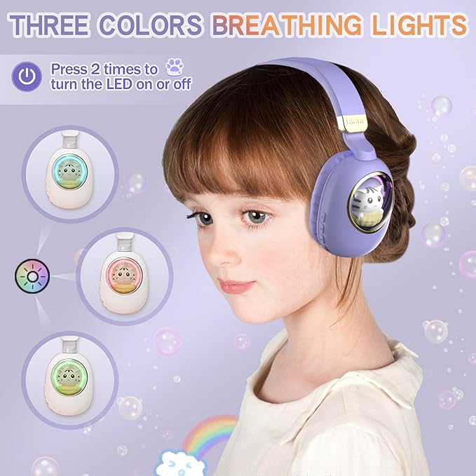Xmenha Purple Kids Bluetooth Headphones Wired with Microphone for School - Wireless Boy Girls Noise Cancelling Over Ear Bluetooth Headphones Children Headsets for iPad Kindle Airplane Travel Tablet