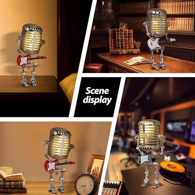 Vintage Microphone Guitar Robot Lamp, Music Gifts for Men, Cool Gifts for Music Lovers, Vintage Light Home Decor Nightstand Desk Lamp for Bedroom, Music Studio (Yellow)