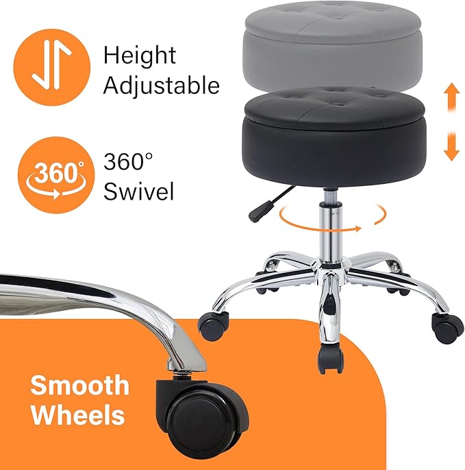 Gitrah Vanity Chair with Wheels Adjustable Vanity Stool with Storage Swivel Vanity Stool for Vanity Rolling Makeup Chair Black