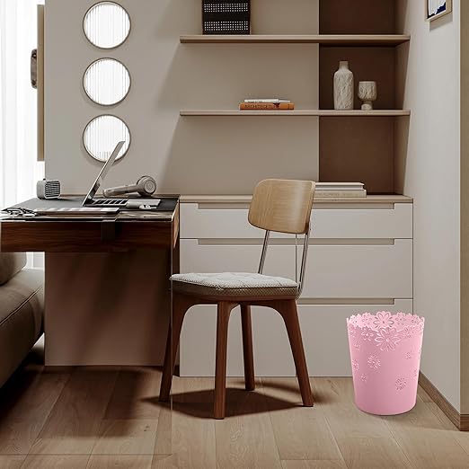 Simple Cute Wastebasket Hollow Flower Shape Plastic Lidless Wastepaper Baskets Trash Can Pink Bathroom Decor 3.6 Gallons Garbage can (Pink, XL)