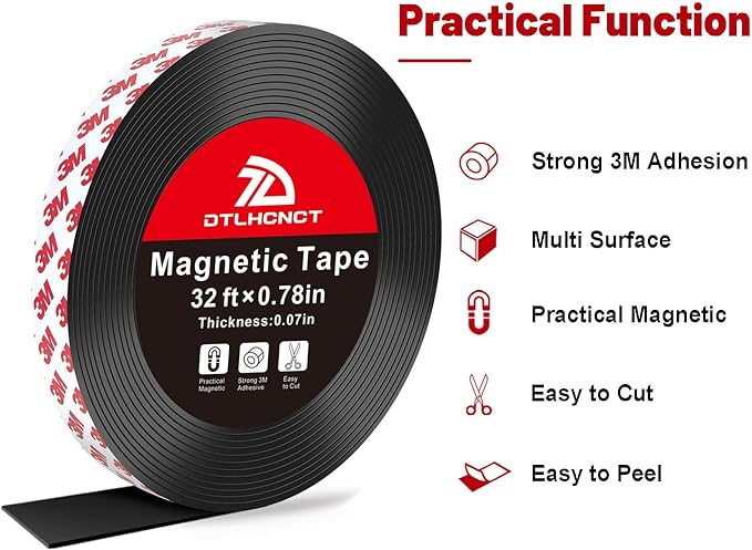 DTLHCNCT Magnetic Tape - 32 ft x 0.78 inch Magnet Strip Tape Roll with Strong Adhesive Backing for Kitchen, Office, School Organization, Whiteboards,Fridge(0.07" Thick)