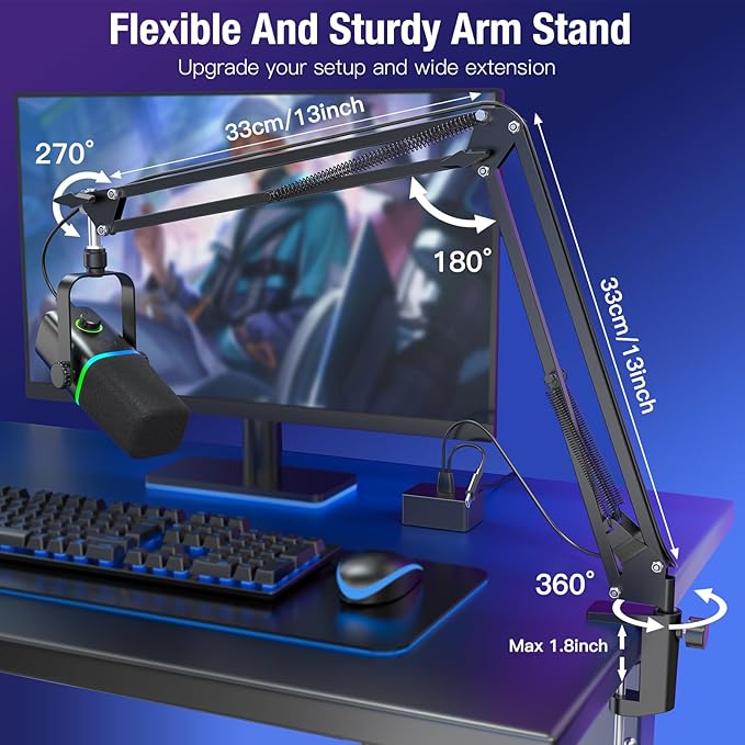ZealSound USB/XLR Dynamic Microphone with Boom Arm, Podcast Gaming Mic for PC, Mac, iPhone, USB-C & Lightning, RGB Light, Touch Mute, Gain Control, Headphone Monitoring for YouTube TikTok Streaming