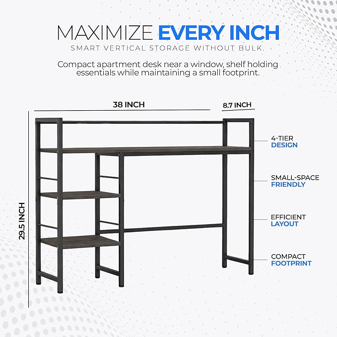 Desk Shelf Storage, 38 Inch, 4-Tier Wood Bookshelf Organizer, Computer Desk Hutch – Black, Desktop Bookshelf Organizer Shelf for Desk for Dorm Workspace and Home Office Use