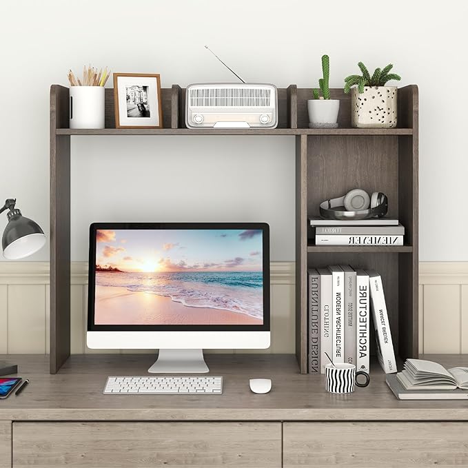 Desktop Bookshelf, 3-Tier Desk Hutch Shelf with 5 Display Rack for Computer Desk, Desk Organizer Shelves for Top of Desk, Dorm, Home, Office (Grey)