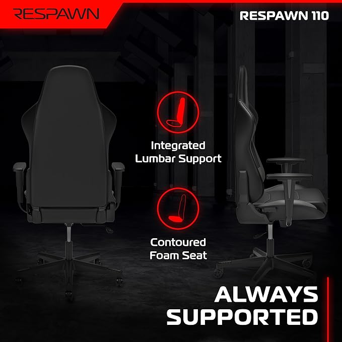 Respawn 110 Ergonomic Gaming Chair - Reclining Office Video Game Swivel Chair with Lumbar Support, Headrest, Heavy Duty, High Back, Racing Style Gaming Recliner Seat for Computer Gamer - Gray