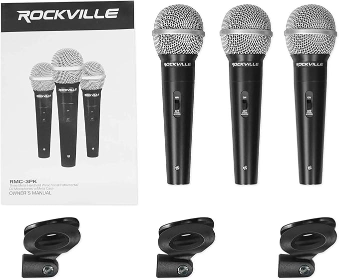 Rockville RMC-3PK Dynamic Microphones 3 Pack, Uni-Directional, Metal Build, XLR, Clear Sound, Low Background Noise, Durable Case, for Vocals, Instruments, DJs
