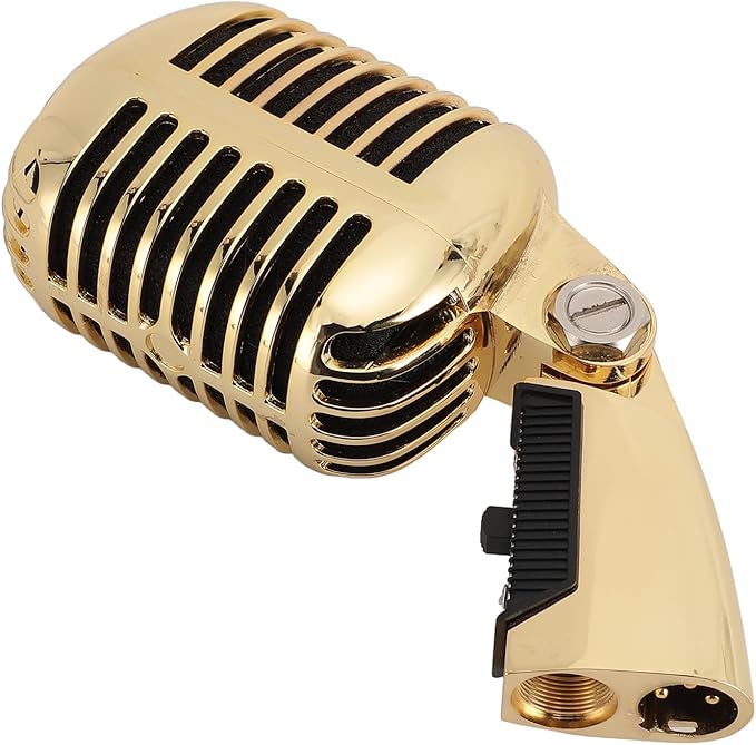 Classic Retro Microphone, Vintage Dynamic Microphone, Zinc Alloy Self Tensioning Rotating Rack, Unidirectional Cardioid Mic, Universal Stand Compatible (Golden)