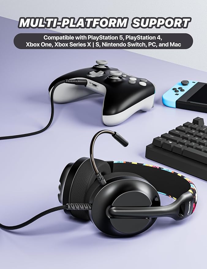 WIRWTRU S30 Gaming Headset with Microphone,198g Lightweight Design, Wired Gaming Headphones for Xbox, Xbox Series X|S, PS5, PS4, Switch, PC, Noise Cancelling Mic, Soft Earmuffs (Graffiti)