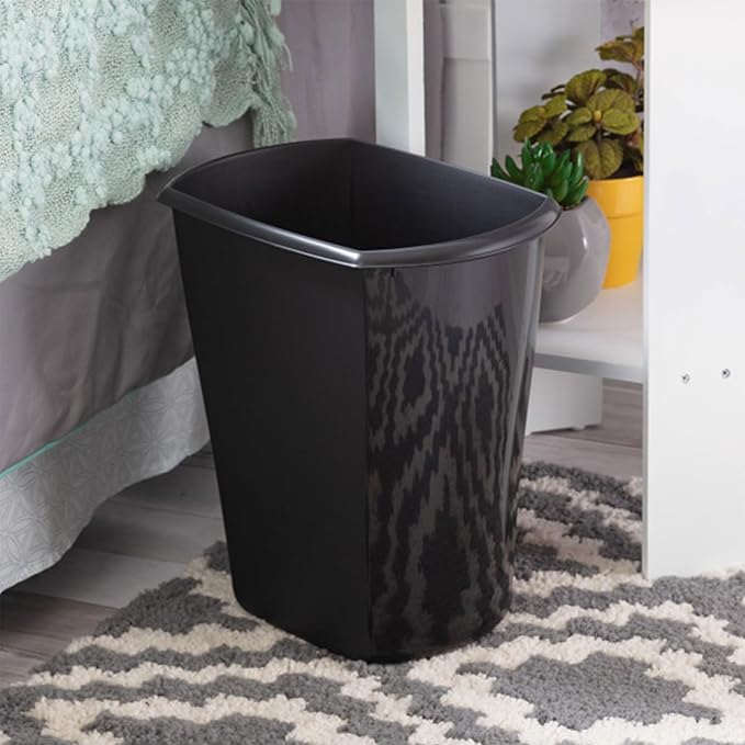 Sterilite 3 Gallon Rectangular Wastebasket, Small Plastic Trash Can for The Bathroom, Bedroom, Dorm Room or Home Office, Black, 6-Pack