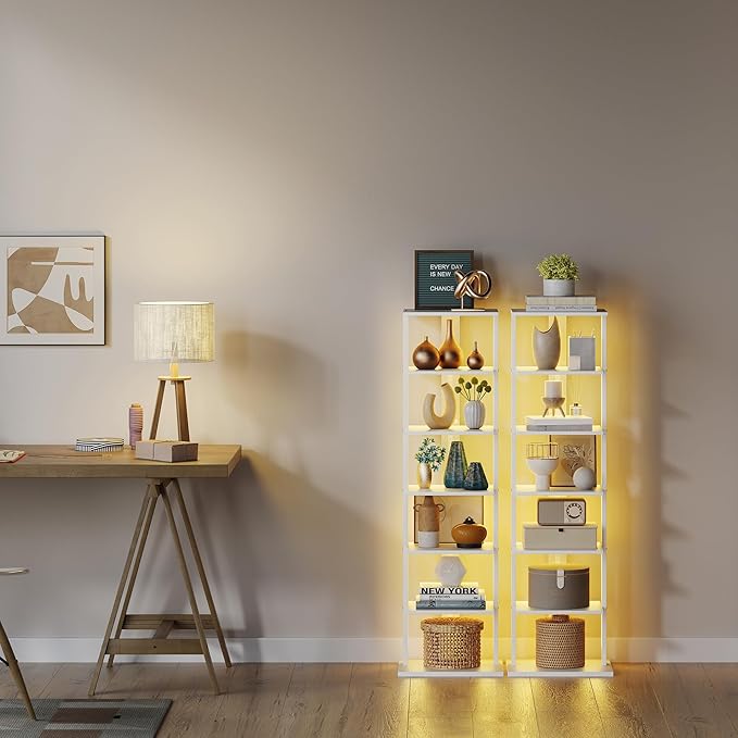 7-Tier Bookshelf, Narrow Bookcase with LED Lights, 47.2 Inch Book Shelf for Small Space, Display Storage Shelf for Living Room, Bedroom, Home Office, Study, White