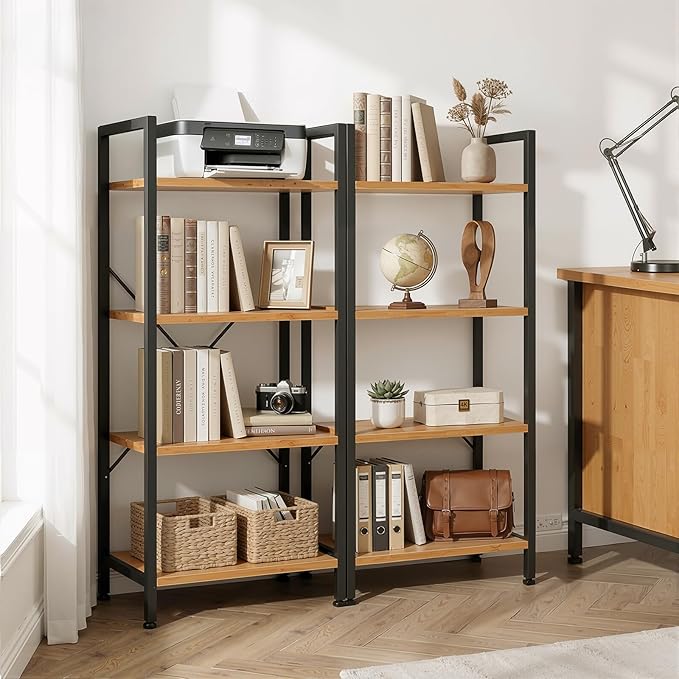 4 Tier Bookshelf, Free Standing Wooden Bookcase with Open Storage Shelves with Metal Frame, Sturdy Shelf Organization Display Rack for Living Room, Bedroom, Home Office, 39.4" Tall, Wood