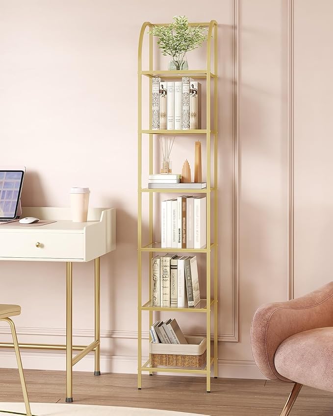 Hzuaneri Bookcase Bookshelf, Tempered Glass Arched Bookshelf for More Storage, Slim Shelving Unit for Bedroom, Bathroom, Home Office, Steel Frame, 6 Tier Gold BC20699G