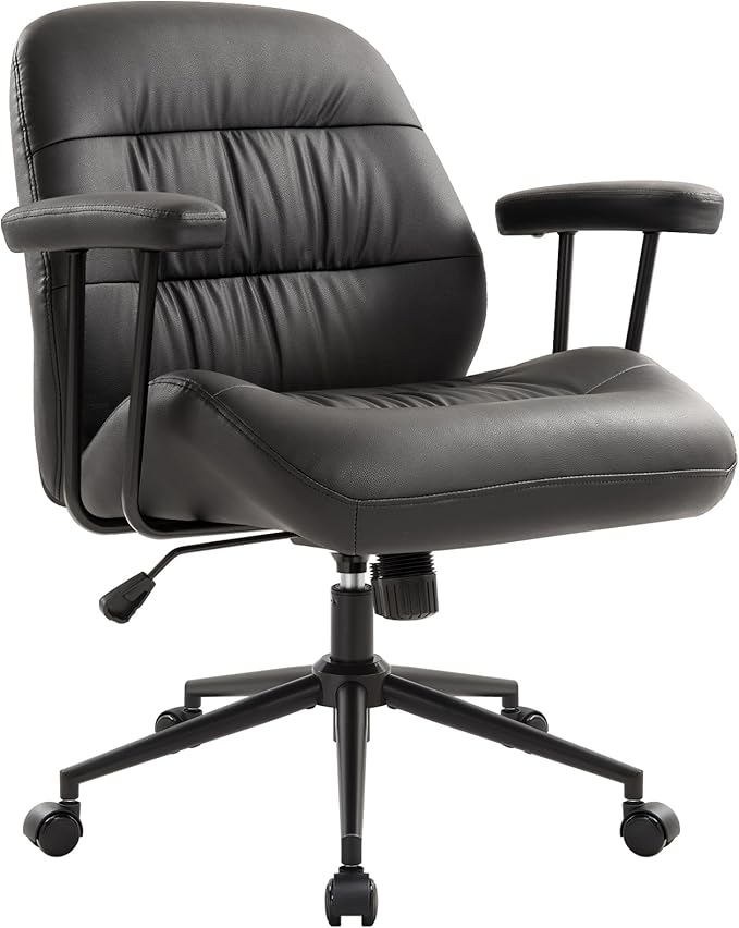 IWMH Home Office Chair, PU Leather Office Chair with Removable Armrests, Mid-Century Modern Desk Chair with Lumbar Support，Ergonomic Executive Task Chairs, Height Adjustable(Black)