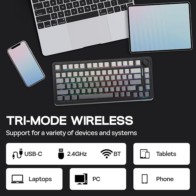 EPOMAKER EA75 75% RGB Gaming Mechanical Keyboard, 2.4GHz/Type-C/BT Creamy Wireless Keyboard with Knob, Shine Through PBT Keycaps, Hot Swappable for Gamers (Black Gradient, Reaper Switch)