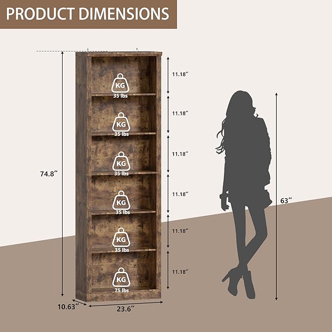 Wodeer Tall Bookshelf, 6-Tier Bookcase with 2 Adjustable Shelves, Modern Farmhouse Storage for Living Room, Entryway, Office, 23.6" W x 74.8" H x 10.6" D, Brown