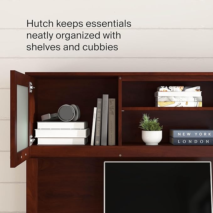 Bush Home 60-Inch Desk Hutch, Office Storage Organizer with Shelves, Cubbies and Frosted Glass Doors for Computer Desk, Home Office Furniture, Somerset Collection, Hansen Cherry