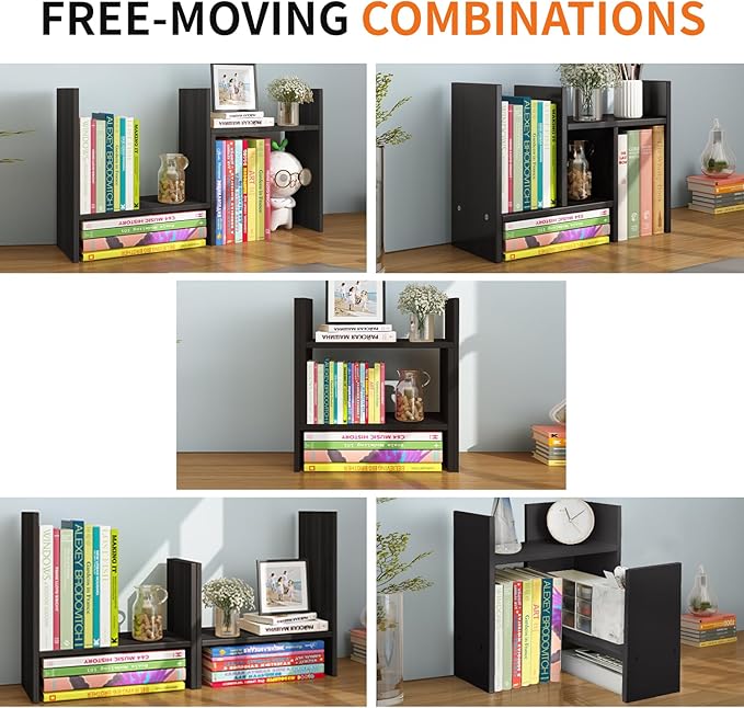 YSJILIDE Wood Adjustable Small Desktop Bookshelf, Expandable Storage Rack, Display Shelf, Office Supplies Organizer (Black)