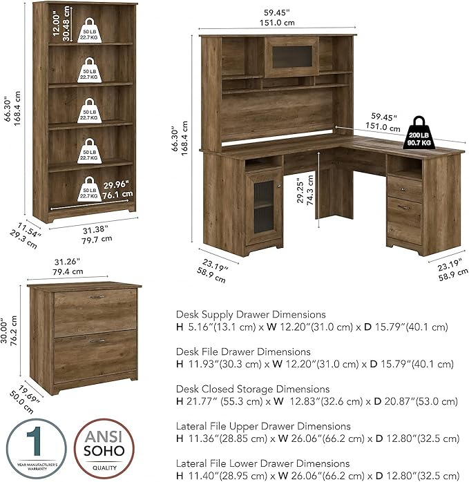 Bush Furniture L Shaped Desk with Hutch, 5 Shelf Bookcase and Lateral File Cabinet | Cabot Collection Corner Computer Table with Storage and Bookshelf | 60Wx23DX37W