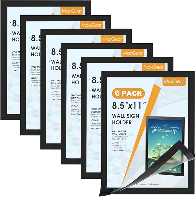 MaxGear Sign Holder 8.5 x 11 Wall Mount, Magnetic Clear Plastic Sign Holders, Self Adhesive Display Picture Frames, Display in Portrait or Landscape Format for Home, Office, Store, 6 Pack