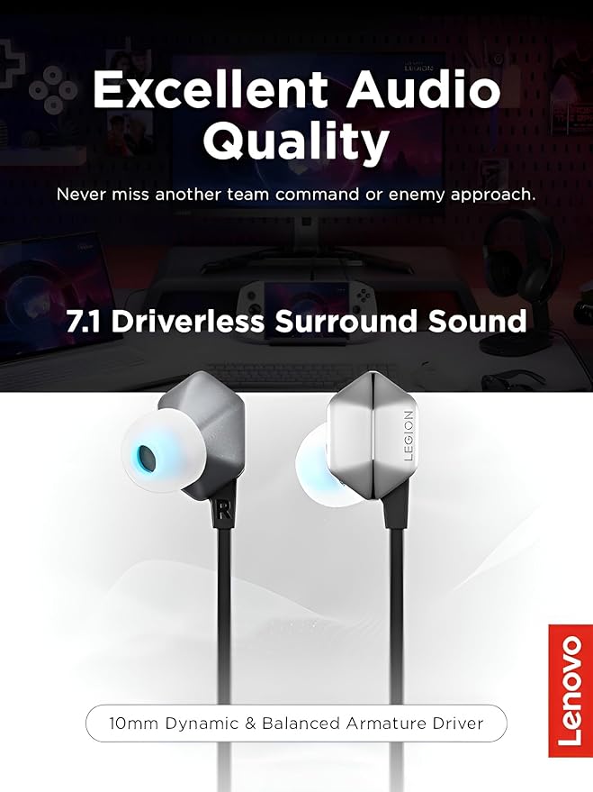 Lenovo Legion RGB Gaming in-Ear Headphones with USB-C E510-7.1 Surround Sound, Hi-Res Audio, in-Line Controller with RGB Lights - Compatible with PC, Tablet, Phone