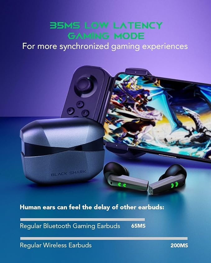 Black Shark Wireless Gaming Earbuds with Charging Case, Hi-Fi Stereo Bluetooth Game Earphones with Noise Cancelling Microphone, IPX5 Waterproof Premium Deep Bass for iPhone Android Sport Workout Music