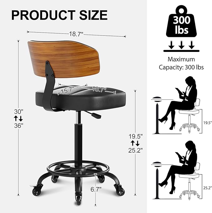 Drafting Chair with Lockable Wheels, Tall Chair Adjustable Stool with Curved Walnut Backrest and Footrest Ring, PU Leather Ergonomic Rolling Chair 300LBS Capacity for Office Workstation(Black)
