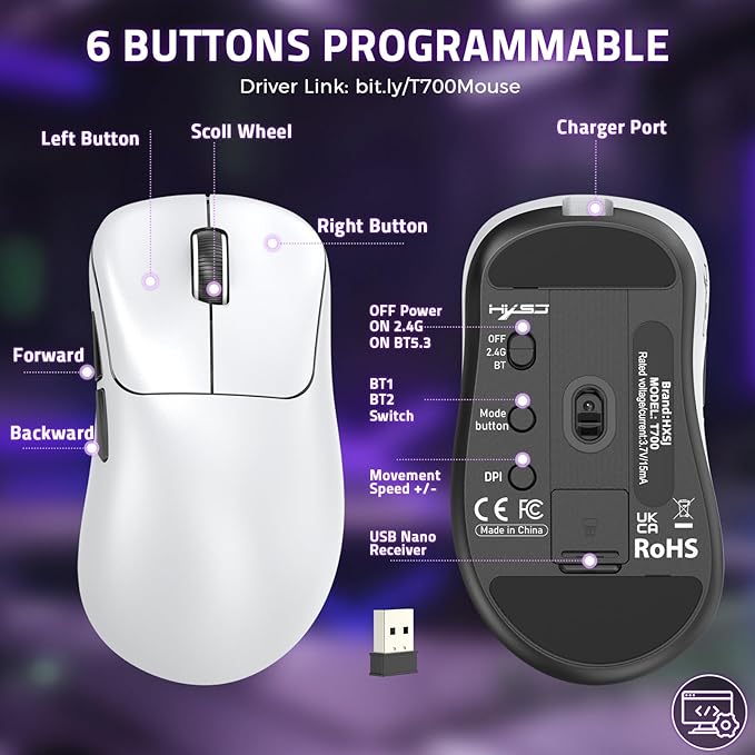 ZIYOU LANG × HXSJ T700 Wireless Gaming Mouse,Adjustable 10K DPI 1K Optical Sensor,2.4G/BT/USB-C Rechargeable 6 Programmed Buttons,56g Lightweight Right-Handed Ergonomic Computer Mice for PC/Mac-White