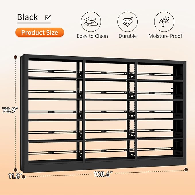 71" Metal Bookshelf,5 Tier Black Bookshelf with Adjustable Shelves,Heavy Duty Bookshelves and Bookcases,Tall Bookcase for Living Room,Library,Office,Including Book Stopper (Black, 108.6" Wide)