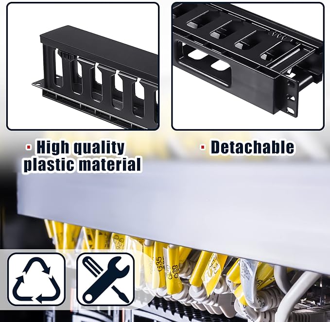 Leinuosen 2 Pcs 1U Rack Cable Management Sleeves Horizontal Mount Cable 12 Slot Management Clips Rack with Panel Cover 19 Inch for Wall Shelf Mount