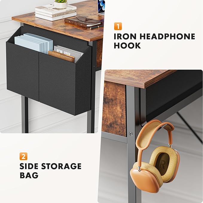 Sweetcrispy Computer Desk Small 32 Inch Home Office Bedroom Writing Study PC Table with Fabric Storage Drawers Space Side Bag Headphone Hook Adjustable Feet Modern Simple Style, Rustic Brown