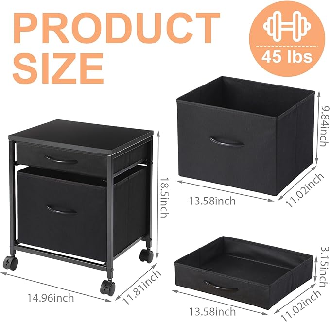 AceOrbit Printer Stand Rolling Mobile File Cabinet Cart with 2 Fabric Drawers A4 Letter Size Beside, Vertical Filing Cabinet on Lockable Wheel with Storage Under Desk for Home Office(Black)