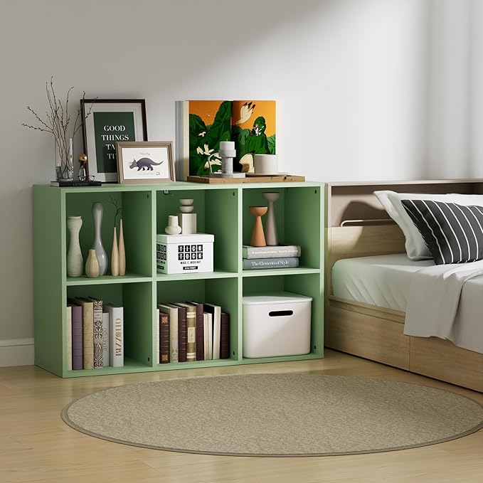 Wooden 6 Cube Storage Organizer with Closed Back Panel, Modern Open Cube Storage Shelf Bookshelf with Compartments, Cube Shelf Organizer for Living Room, Bedroom, Study Room (Green)