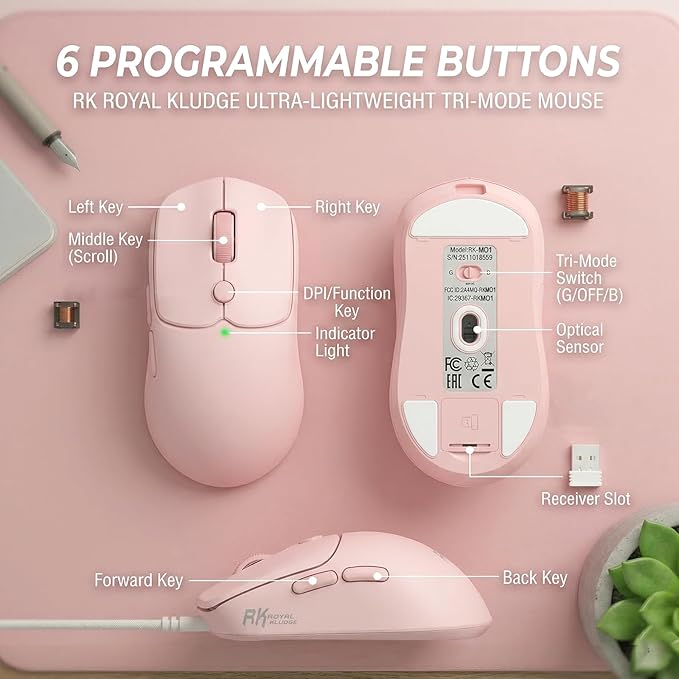 RK ROYAL KLUDGE MO1 Wireless Mouse, 55g Ultra-Lightweight Computer Mice, 6 Programmable Buttons, 2.4GHz/Bluetooth/Wired, 6000 DPI Optical Sensor, Pink