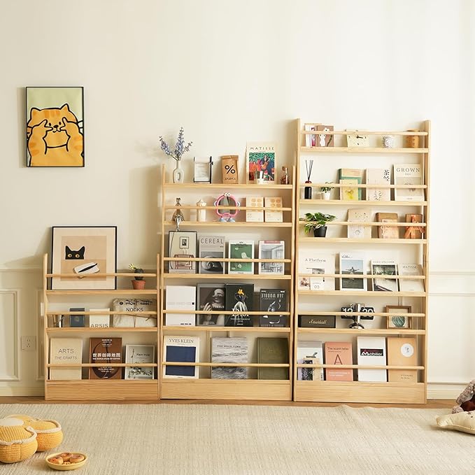 Baveke Kids Bookshelf, 6 Tier Shelves Behind The Door Book Shelf Storage, Children's Solid Wood Bookcase, Wall Mount Bookshelf for Bedroom, Living Room, Nursery（（FSC-Certified Wood））