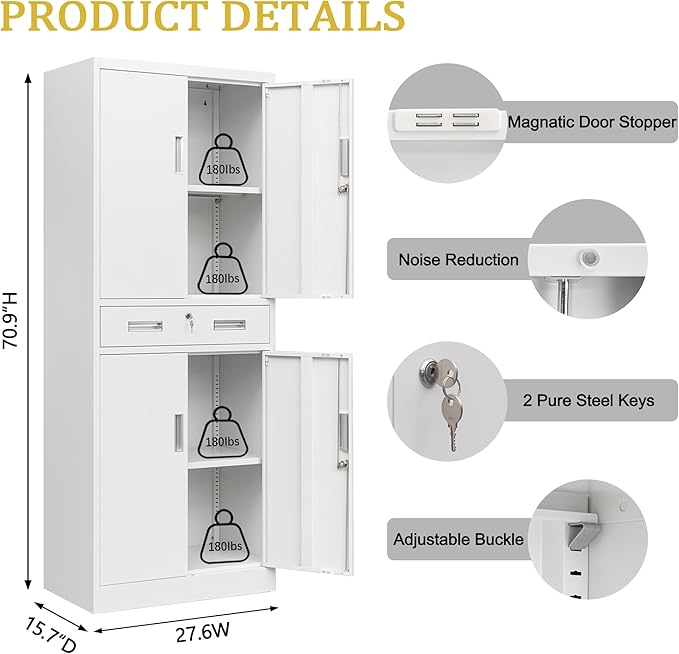 71" H Tall Metal Storage Cabinet with Drawer, Metal Garage Storage Cabinet with Lock and 2 Adjustable Shelves for Home, Office, Garage, Warehouse Organize, White