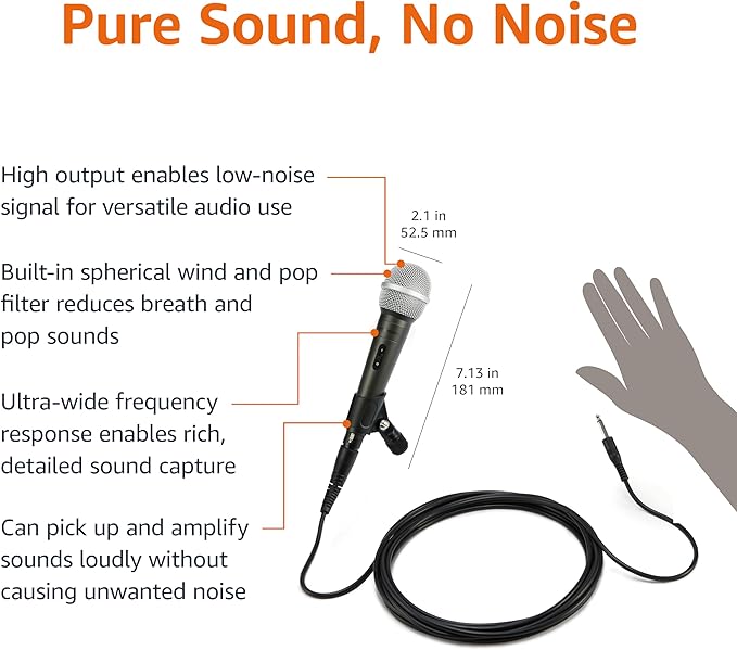 Amazon Basics Dynamic Vocal Microphone with Cable for Podcasting, Recording, Broadcasting, Live Performance, Karaoke, Cardioid Pattern