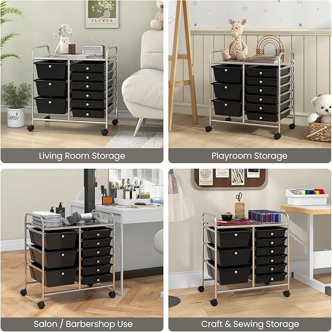 Moccha 9-Drawer Rolling Storage Cart - Under Desk Storage Drawers with wheels for Craft Art Supply Paper Salon, Scrapbook Paper Tools, Mobile Utility Cart for Classroom, Black