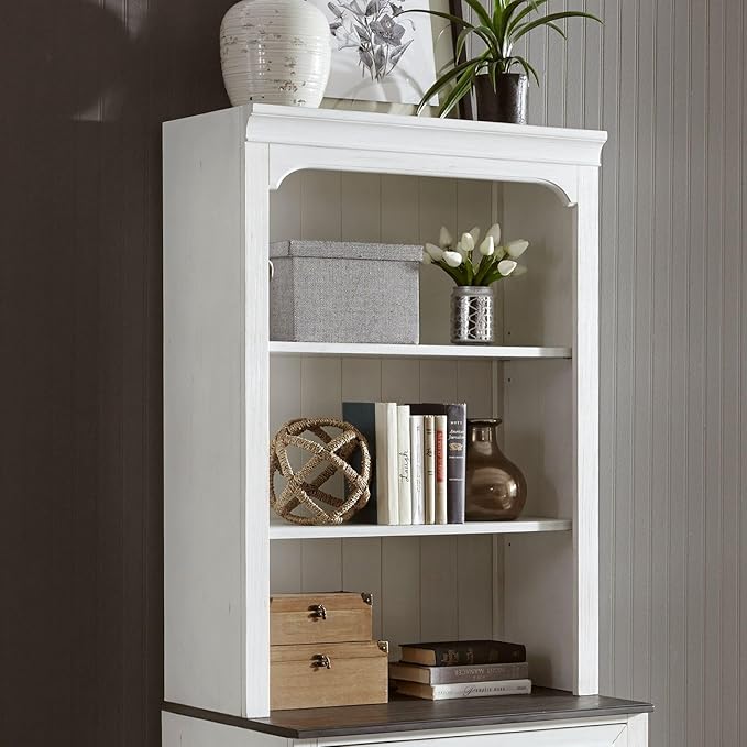 Liberty Furniture Allyson Park 2 Piece Set Lateral File Cabinet with Hutch Cottage Home Office Storage - Wirebrushed White w/Charcoal Tops Oak Wood