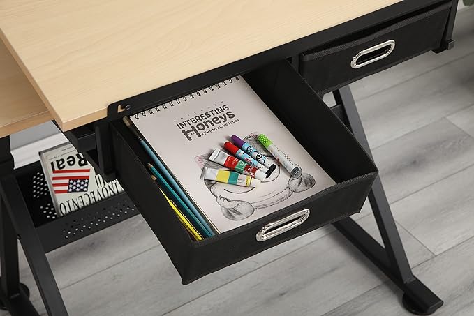 Miscoos Adjustable Drawing Drafting Table Desk with 2 Non-Woven Storage Drawers and Stool for Home Office and School, Wood, Ameican White Oak, MDF + Metal